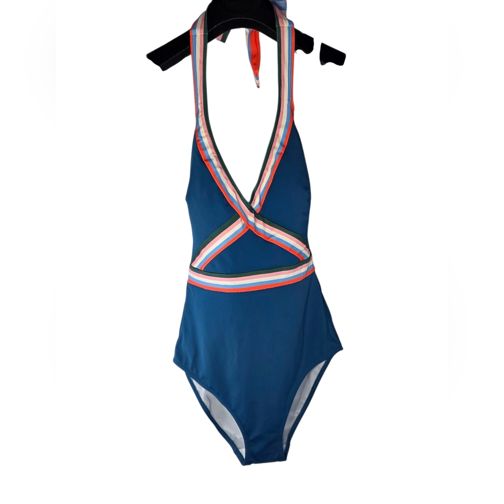 Boden Blue and Red One Piece Swimsuit with V-Neckline